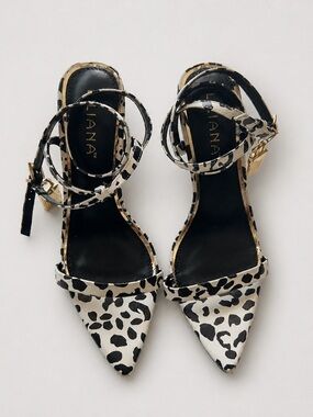 Liliana Black and White Leopard-Print Pointed Ankle-Strap Heels